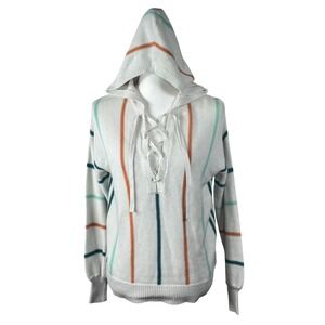 Roxy Hoodie Sweater Beach Bay Striped Lace Up Knit White XS